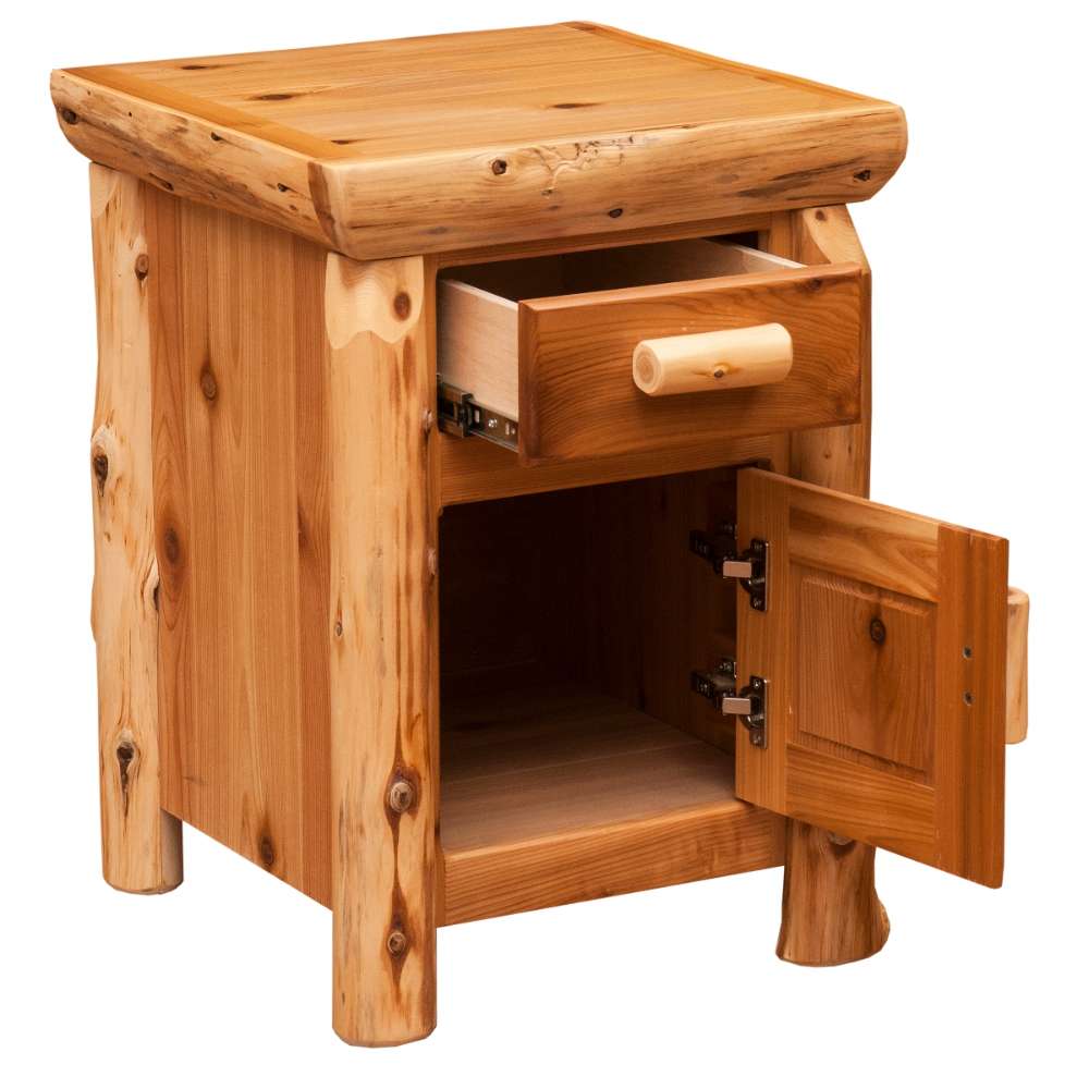 Fireside Lodge Cedar Log Enclosed Nightstand is shown with the drawer and cabinet open, revealing simple storage inside the solid wood frame