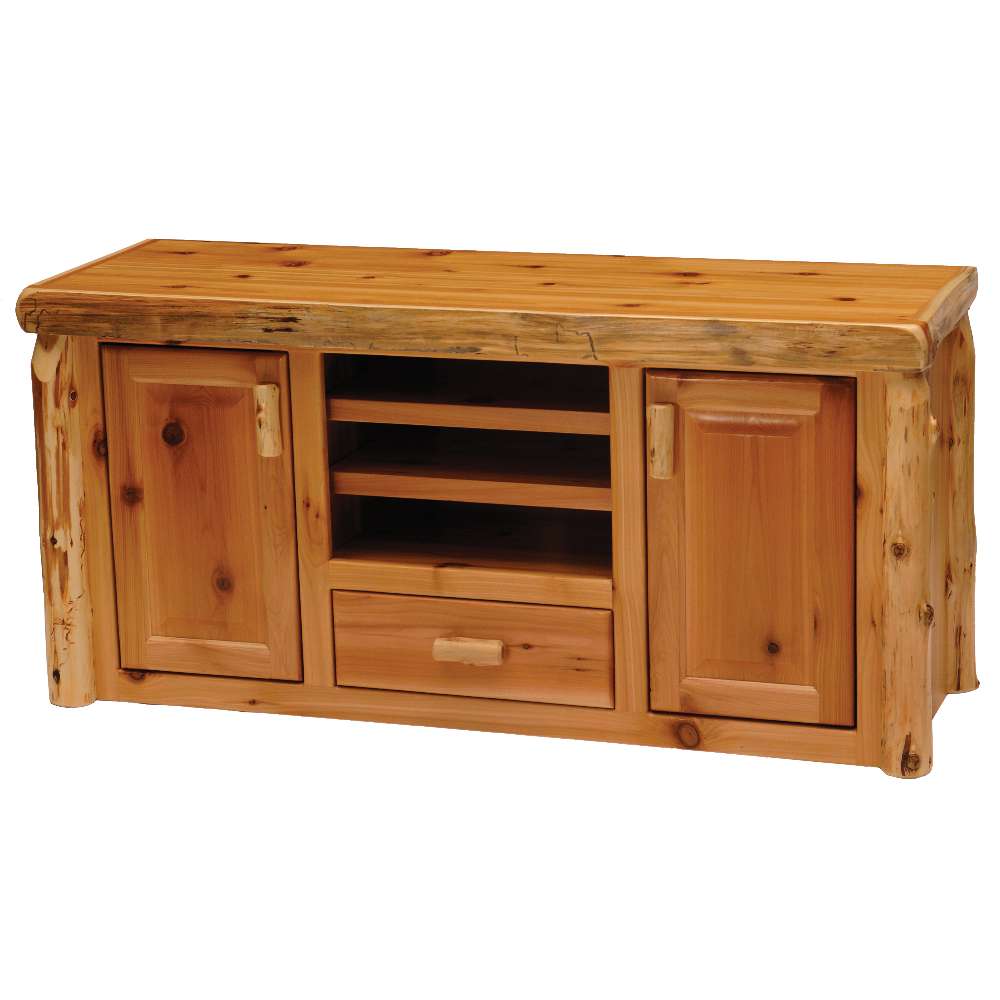 Fireside Lodge Cedar Log Entertainment Center appears as a rustic wooden media cabinet made of natural cedar logs, featuring two side doors, open center shelves, and a lower drawer
