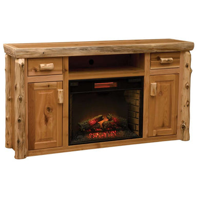 Fireside Lodge Cedar Log Entertainment Center with Fireplace is a rustic cedar cabinet with storage and a glowing built-in electric fireplace