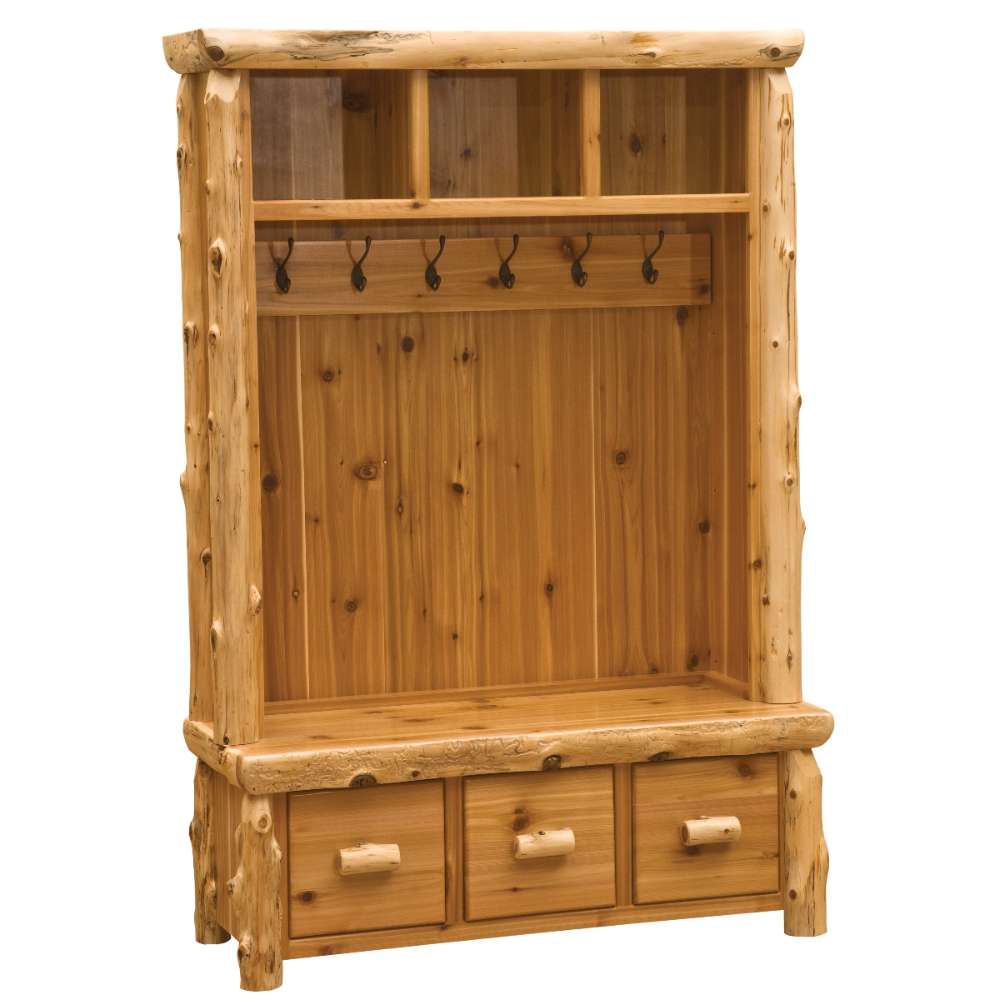 Fireside Lodge Cedar Log Entry Locker is a tall cedar-wood hall tree with open cubbies, coat hooks, and three small drawers for storage