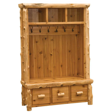Fireside Lodge Cedar Log Entry Locker is a tall cedar-wood hall tree with open cubbies, coat hooks, and three small drawers for storage