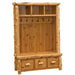 Fireside Lodge Cedar Log Entry Locker is a tall cedar-wood hall tree with open cubbies, coat hooks, and three small drawers for storage
