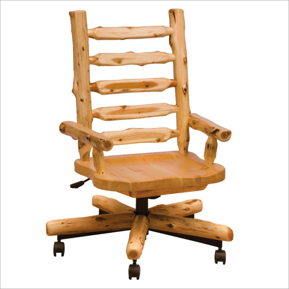 Fireside Lodge Cedar Log Executive Chair shown as a rustic log office chair with a tall slatted back, wide armrests, a solid wood seat, and rolling wheels