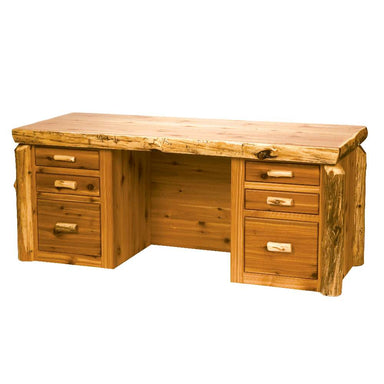 Fireside Lodge Cedar Log Executive Desk is shown as a large rustic wooden desk with a thick live-edge top, log-style sides, and multiple drawers