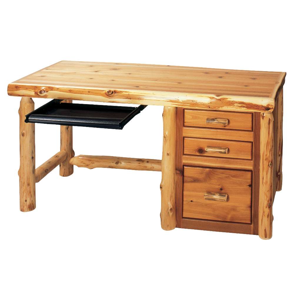 Fireside Lodge Cedar Log File Desk With Keyboard Slide shown as a rustic cedar desk with log-style legs, three drawers on the right, and a pull-out keyboard tray