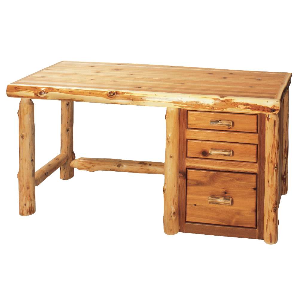 Fireside Lodge Cedar Log File Desk Without Keyboard Slide is a rustic cedar log desk with a flat wooden top, log legs, and drawers on the right