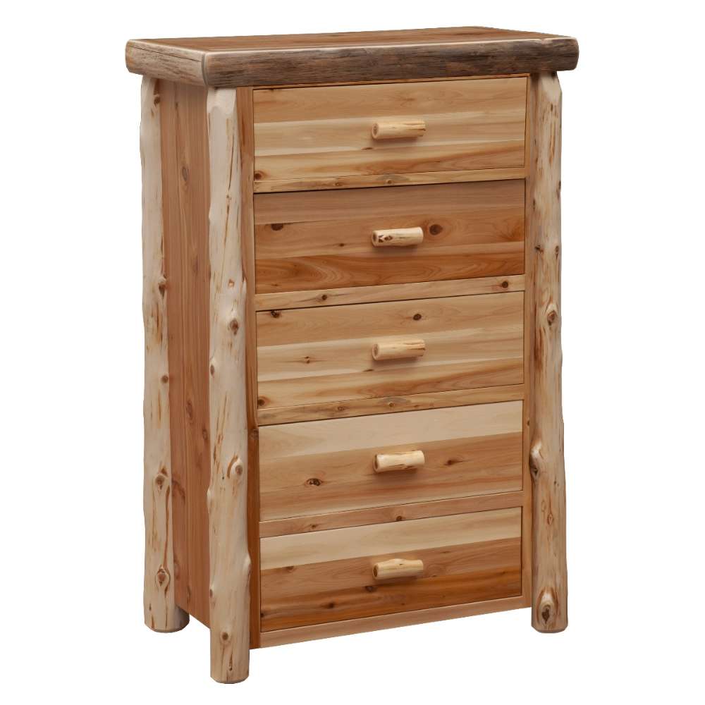 Fireside Lodge Cedar Log Five Drawer Chest is a rustic cedar wood chest with five stacked drawers, rounded log corners, and a handcrafted cabin-style design