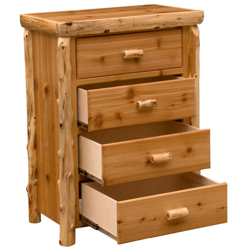Fireside Lodge Cedar Log Four Drawer Chest is shown from an angled front view with all four drawers open, revealing deep storage and a rustic cedar log frame