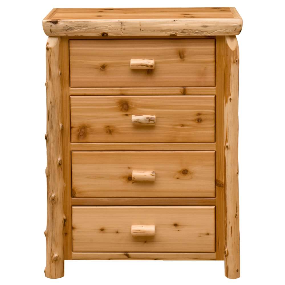 Fireside Lodge Cedar Log Four Drawer Chest is shown from the front with all drawers closed, highlighting its four stacked drawers and solid log posts
