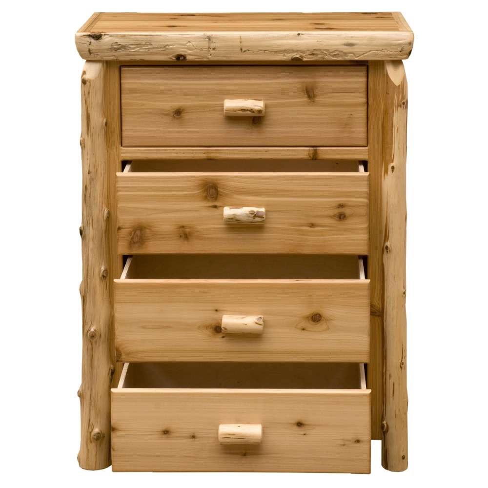 Fireside Lodge Cedar Log Four Drawer Chest is shown from the front with drawers partially open, clearly showing the drawer depth and smooth cedar interiors