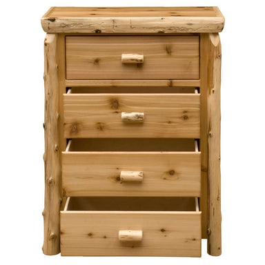 Fireside Lodge Cedar Log Four Drawer Chest is shown from the front with drawers partially open, clearly showing the drawer depth and smooth cedar interiors