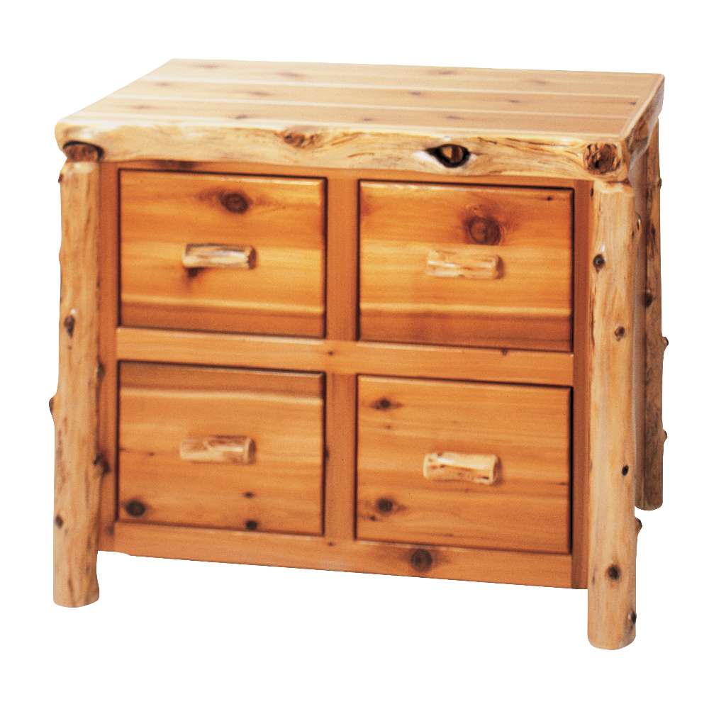 Fireside Lodge Cedar Log Four Drawer File Cabinet is shown as a rustic wooden file cabinet with four drawers, rounded log-style corners, and visible knots