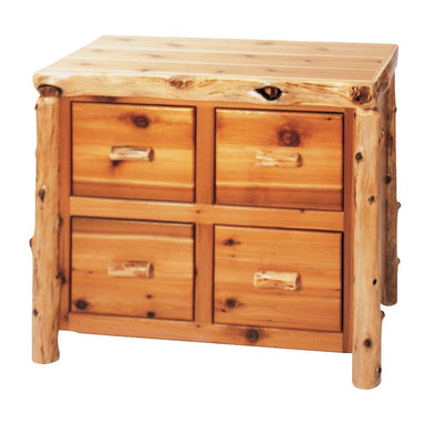 Fireside Lodge Cedar Log Four Drawer File Cabinet is shown as a rustic wooden file cabinet with four drawers, rounded log-style corners, and visible knots