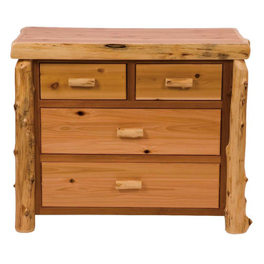Fireside Lodge Cedar Log Four Drawer Low Boy shows a rustic cedar log dresser with four drawers, log-style legs, and natural wood handles on a white background