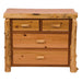 Fireside Lodge Cedar Log Four Drawer Low Boy shows a rustic cedar log dresser with four drawers, log-style legs, and natural wood handles on a white background