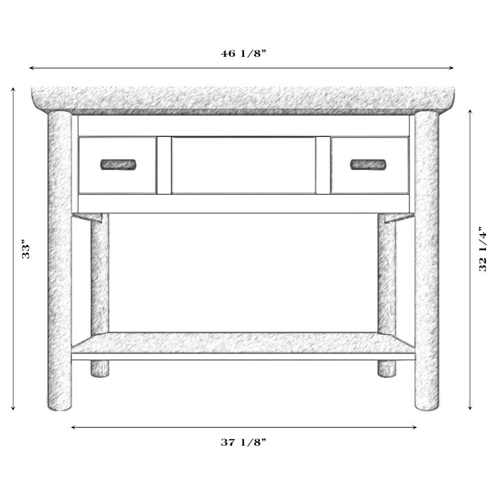 Fireside Lodge Cedar Log Freestanding Vanity with Top dimension diagram shows its log frame, three drawers, open shelf, and approximate size of 46 inches wide by 33 inches high