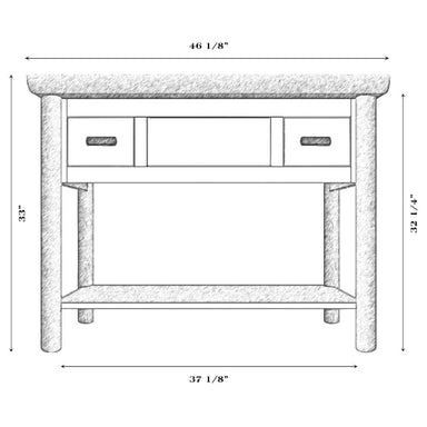 Fireside Lodge Cedar Log Freestanding Vanity with Top dimension diagram shows its log frame, three drawers, open shelf, and approximate size of 46 inches wide by 33 inches high