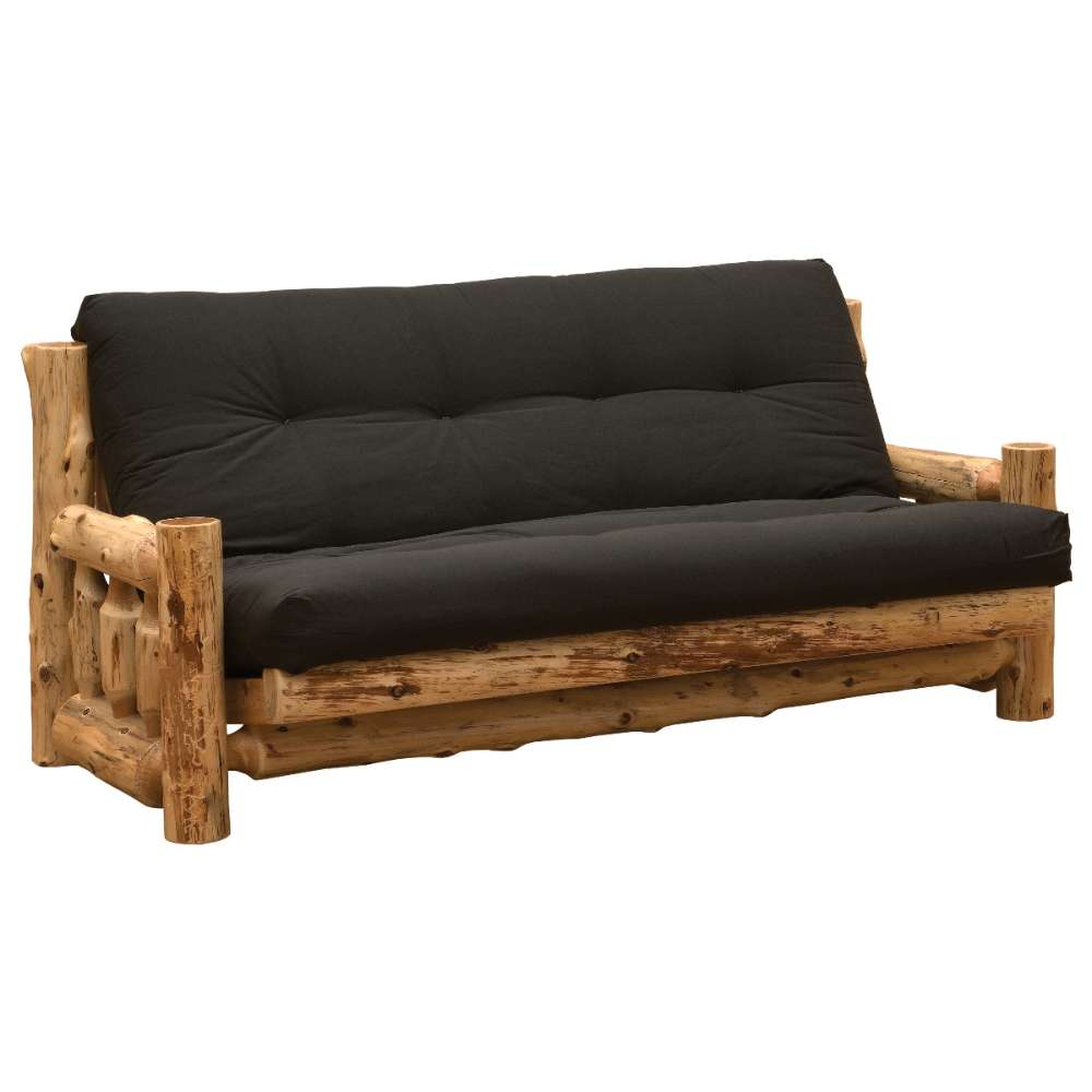 Fireside Lodge Cedar Log Futon with 8" Inner-Spring Mattress in an upright sofa position featuring a thick black cushion supported by sturdy natural log framing
