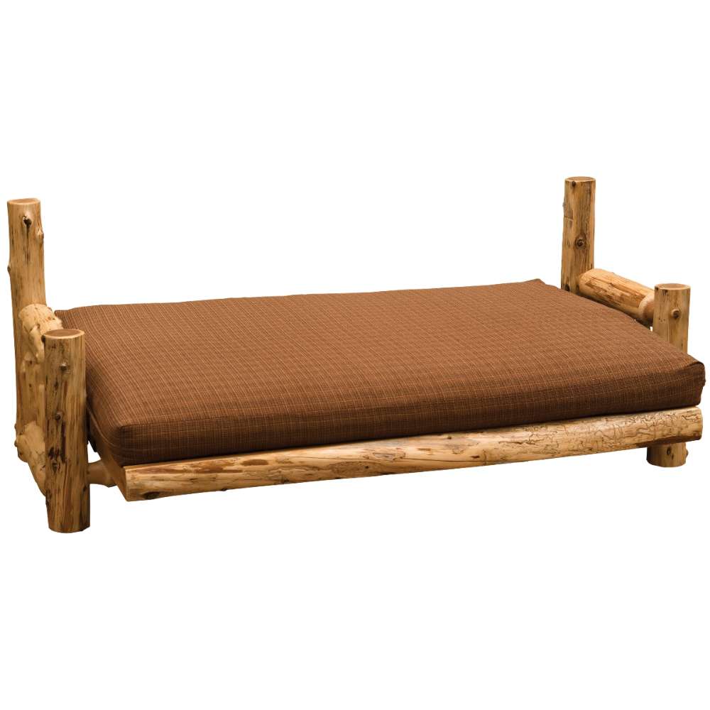 Fireside Lodge Cedar Log Futon with 8" Inner-Spring Mattress lying flat like a rustic log bed with a simple brown mattress on top