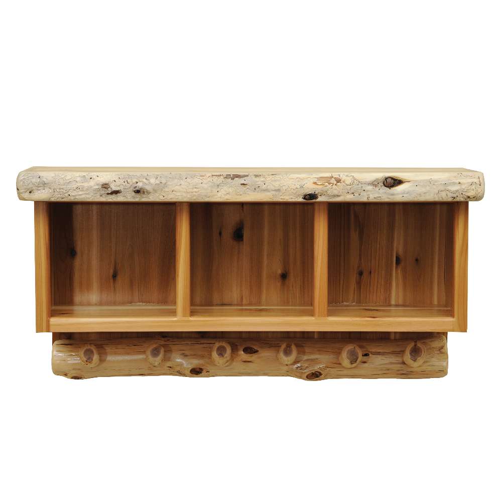 Fireside Lodge Cedar Log Hanging Locker is a rustic wooden wall shelf with three open compartments and pegs made from natural cedar logs