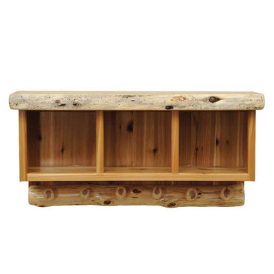 Fireside Lodge Cedar Log Hanging Locker is a rustic wooden wall shelf with three open compartments and pegs made from natural cedar logs