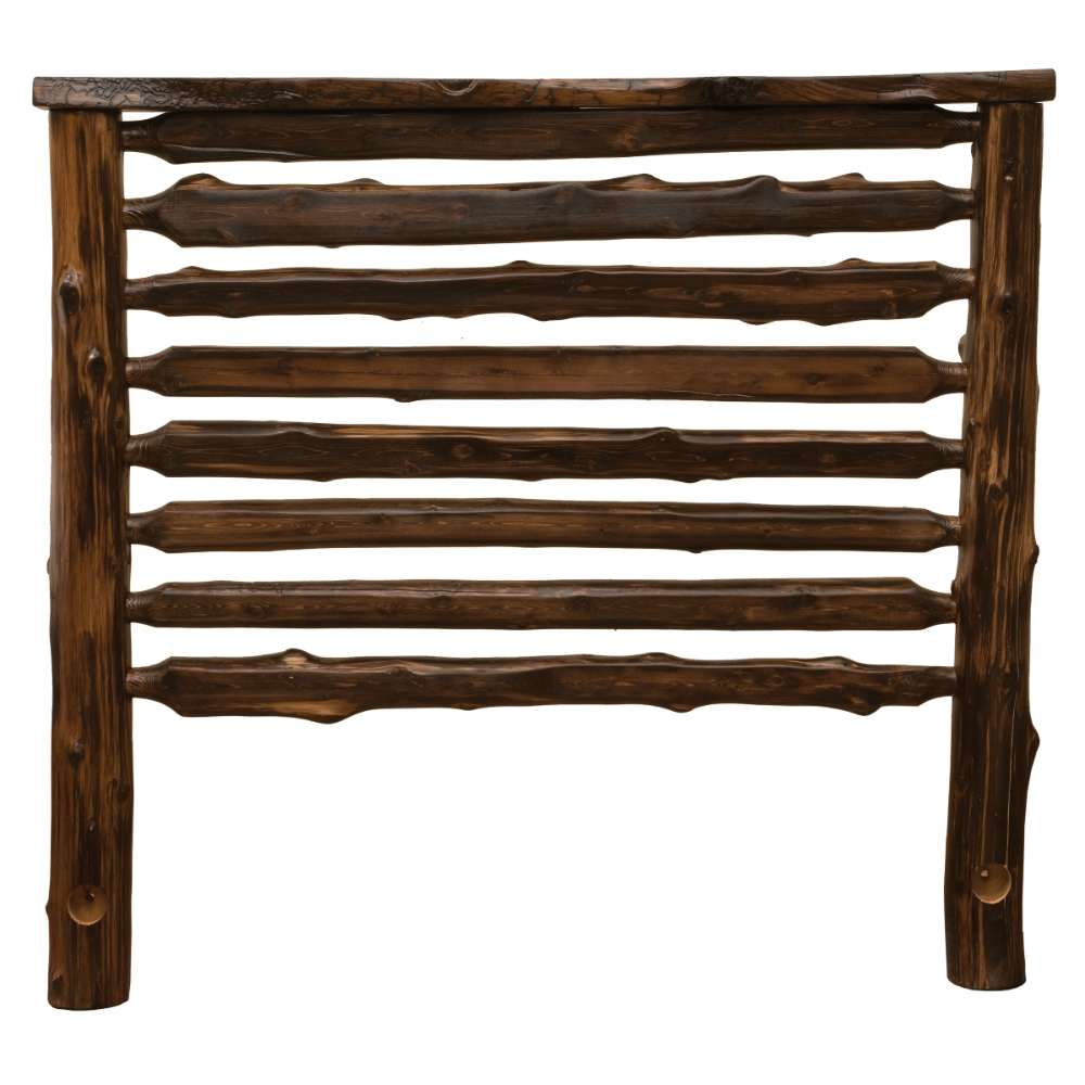 Fireside Lodge Cedar Log Headwaters Bed headboard is shown alone, featuring thick dark-stained cedar logs stacked horizontally between two sturdy vertical posts