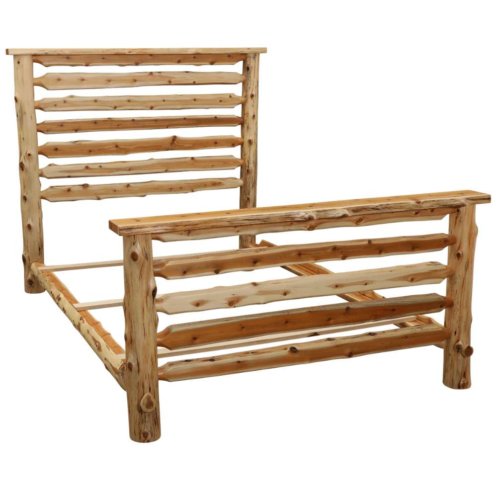 Fireside Lodge Cedar Log Headwaters Bed is shown at an angle without bedding, clearly displaying the log frame structure, side rails, and slatted headboard