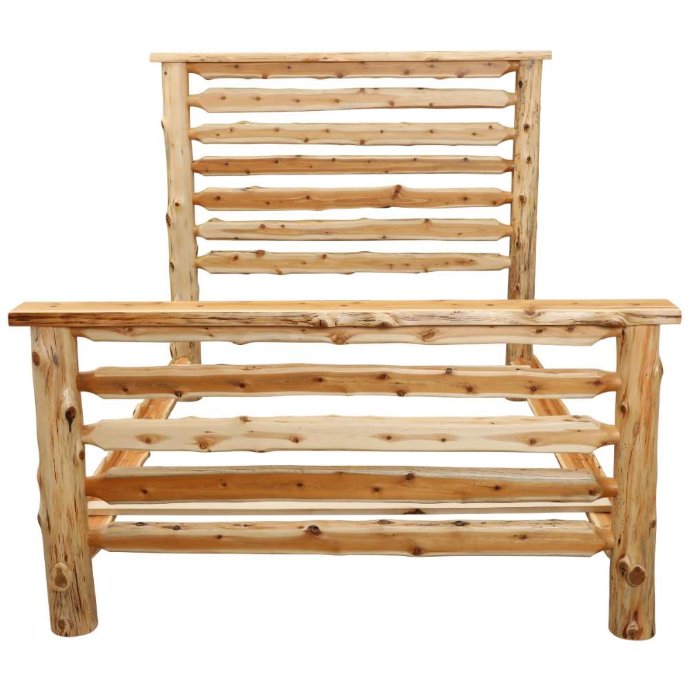 Fireside Lodge Cedar Log Headwaters Bed is shown from the footboard side in light cedar, highlighting the wide log rails and solid posts at the foot of the bed