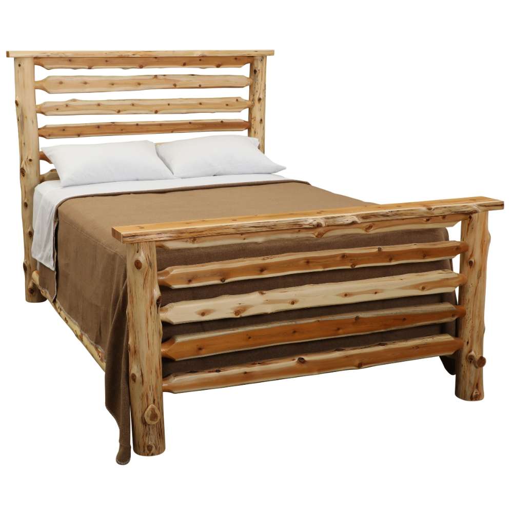 Fireside Lodge Cedar Log Headwaters Bed is shown fully assembled with a natural light cedar log frame, tall slatted headboard, and matching footboard holding a neatly made bed