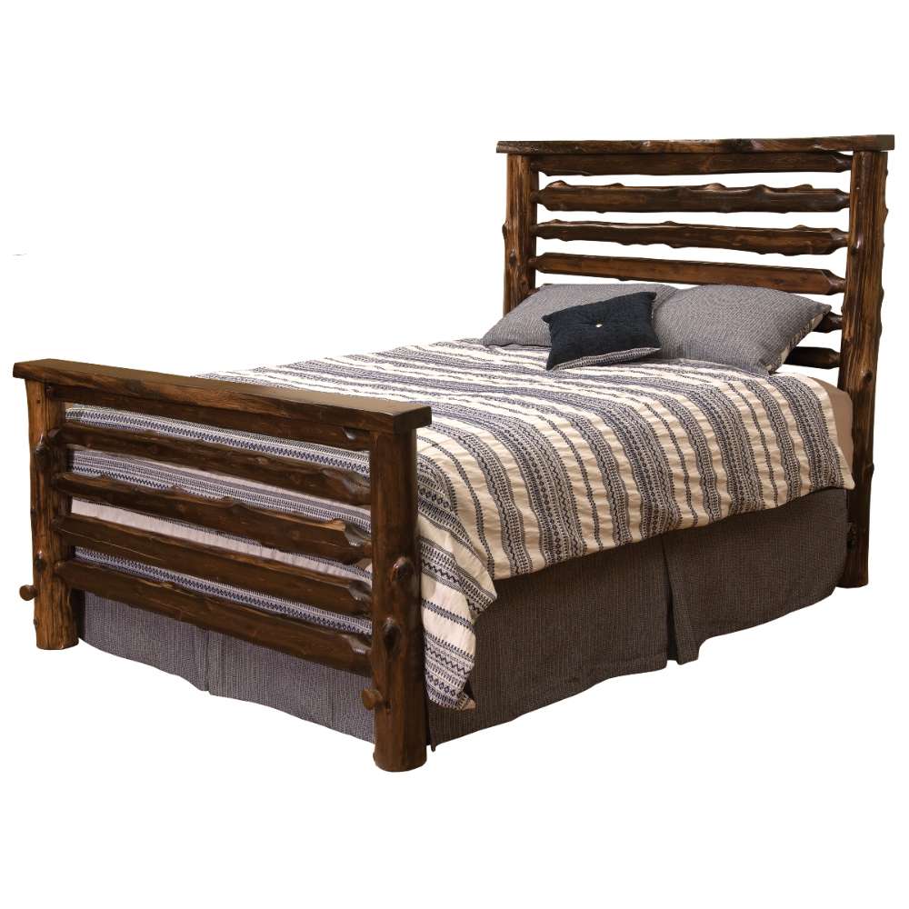 Fireside Lodge Cedar Log Headwaters Bed is shown fully made in a darker stain, with textured bedding that contrasts against the thick cedar log headboard and footboard