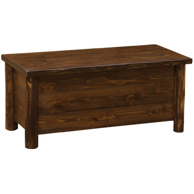 Fireside Lodge Cedar Log Headwaters Blanket Chest is a rectangular cedar storage chest with a flat lid, log-style legs, and a rich dark brown finish