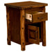 Fireside Lodge Cedar Log Headwaters Enclosed Nightstand shown at an angle with the drawer and cabinet door open to reveal interior storage