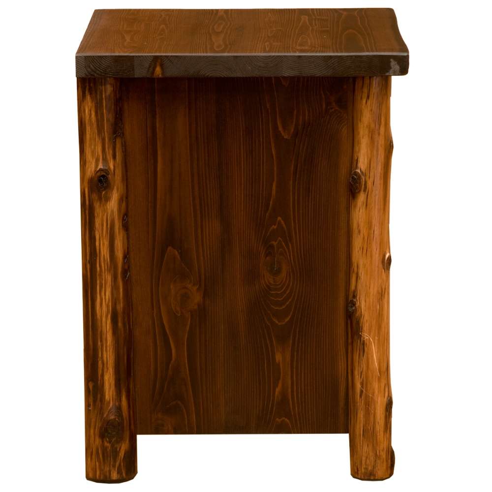 Fireside Lodge Cedar Log Headwaters Enclosed Nightstand shown from the back with a solid wood panel and rounded cedar log legs
