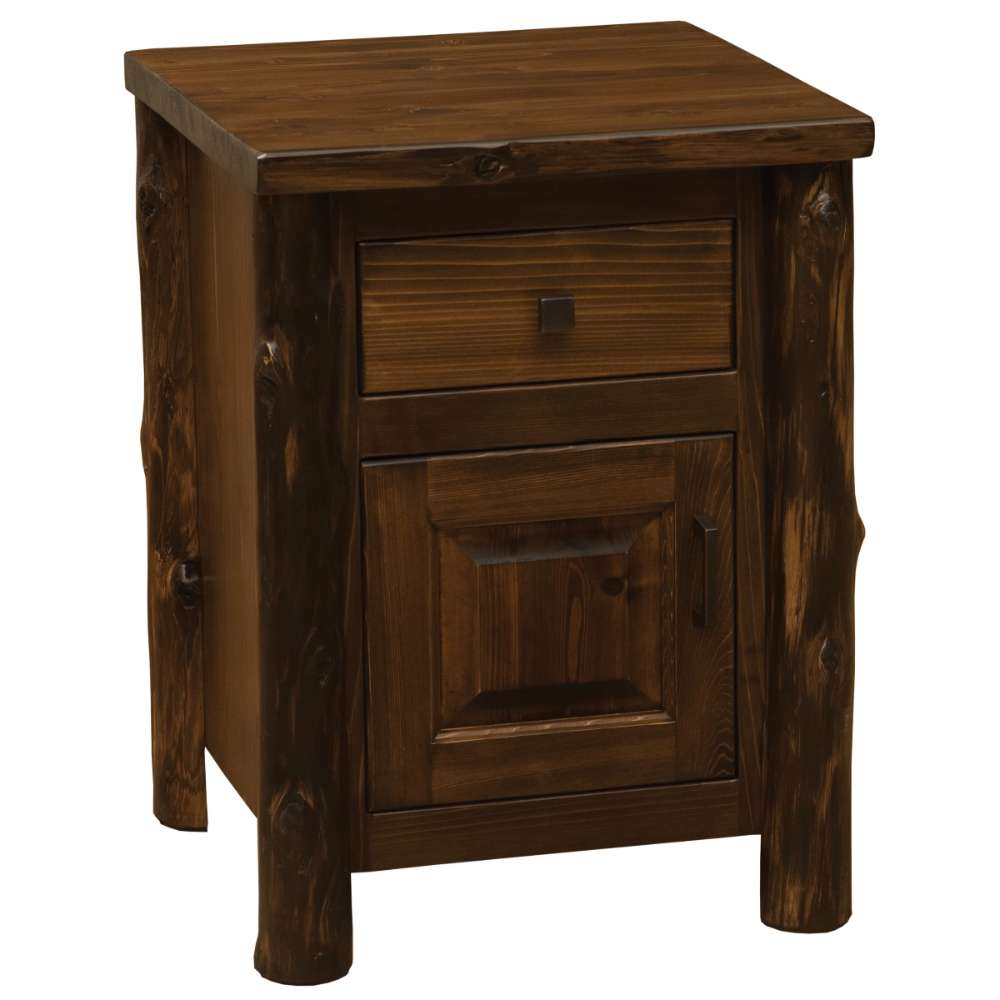 Fireside Lodge Cedar Log Headwaters Enclosed Nightstand shown from the front with a flat top, one drawer, a cabinet door, and thick cedar log legs