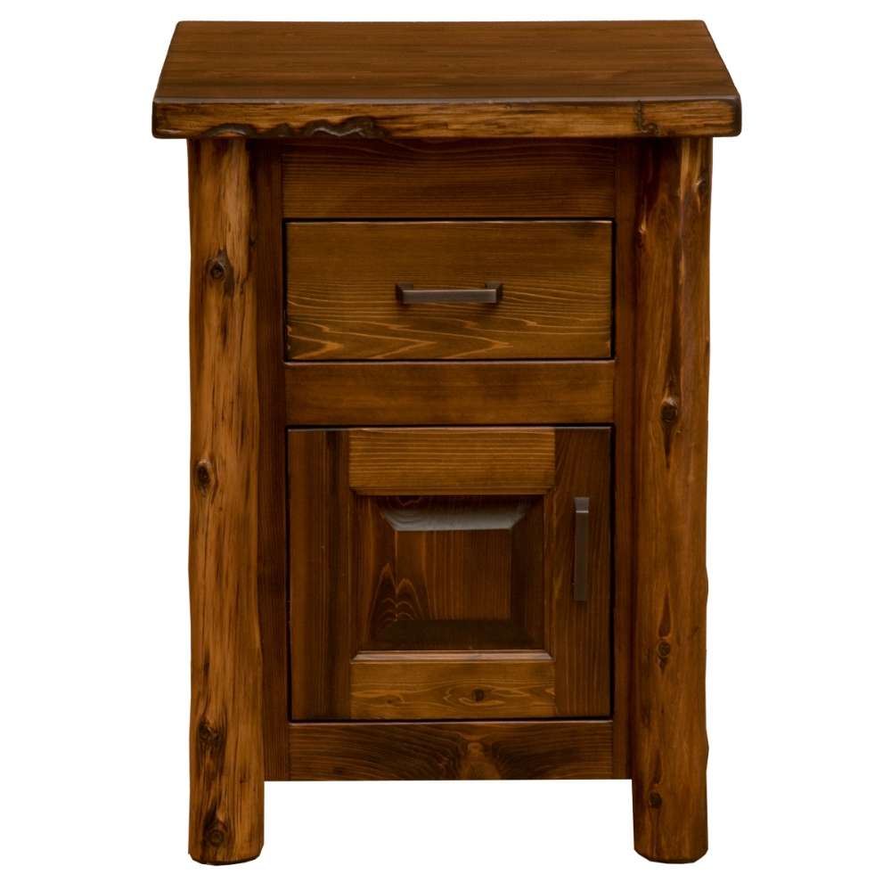 Fireside Lodge Cedar Log Headwaters Enclosed Nightstand shown straight on with a centered drawer, enclosed cabinet, and rustic log-style legs