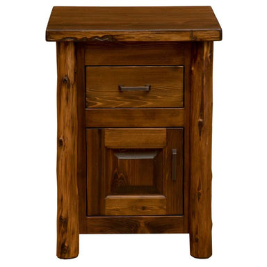 Fireside Lodge Cedar Log Headwaters Enclosed Nightstand shown straight on with a centered drawer, enclosed cabinet, and rustic log-style legs