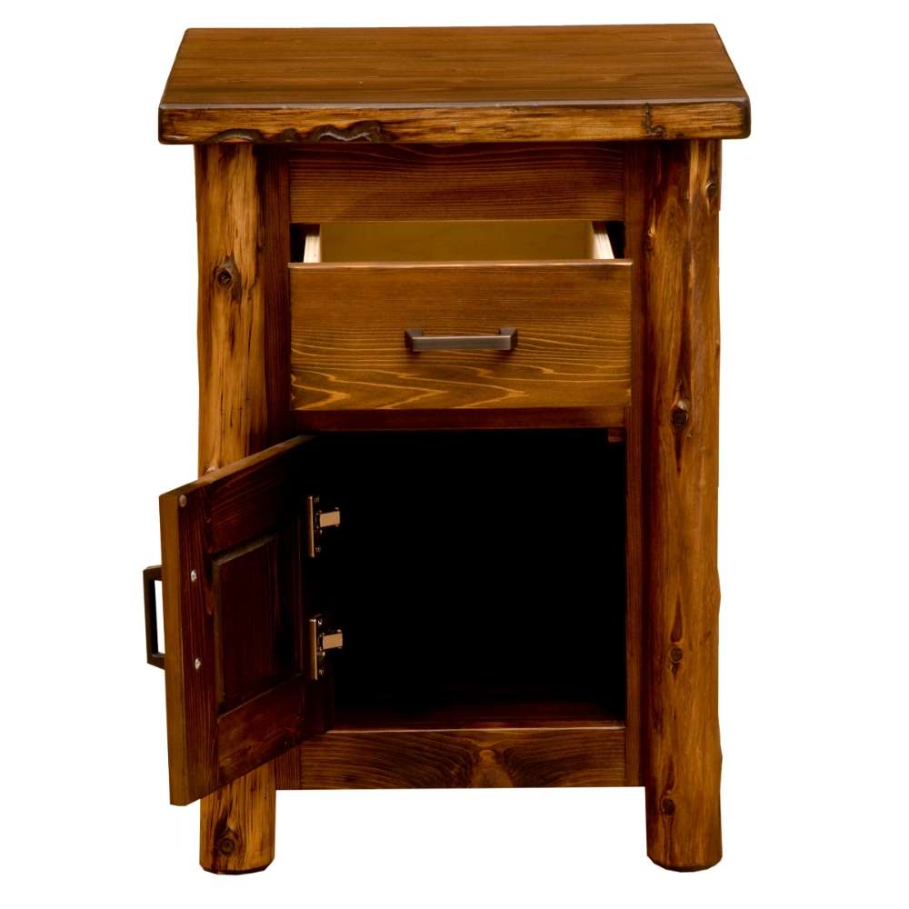 Fireside Lodge Cedar Log Headwaters Enclosed Nightstand shown with the drawer partially open and the cabinet door fully open