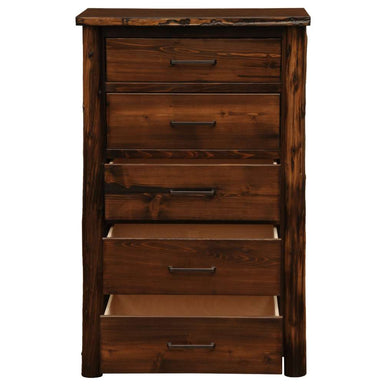 Fireside Lodge Cedar Log Headwaters Five Drawer Chest features two bottom drawers open, displaying spacious cedar storage
