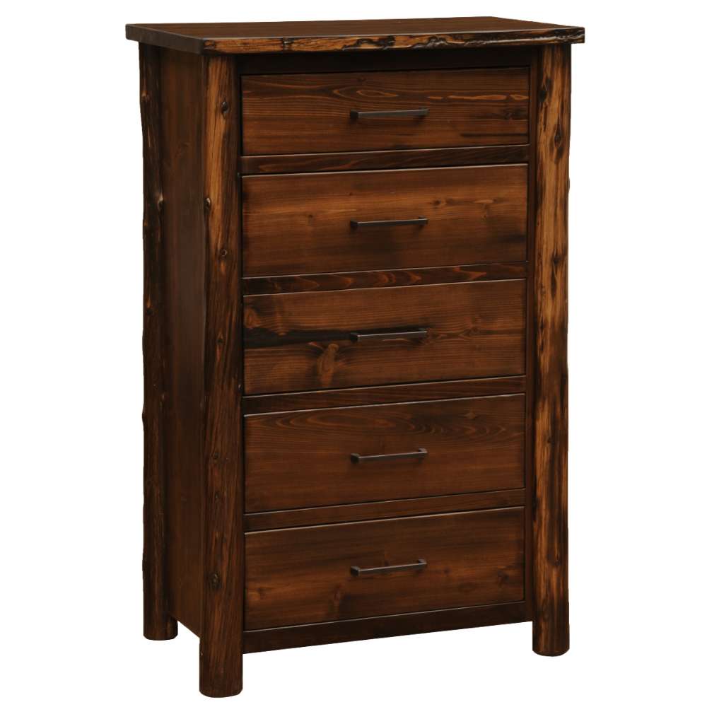 Fireside Lodge Cedar Log Headwaters Five Drawer Chest is a tall rustic cedar dresser with five drawers, a dark coffee finish, and log-style corner posts