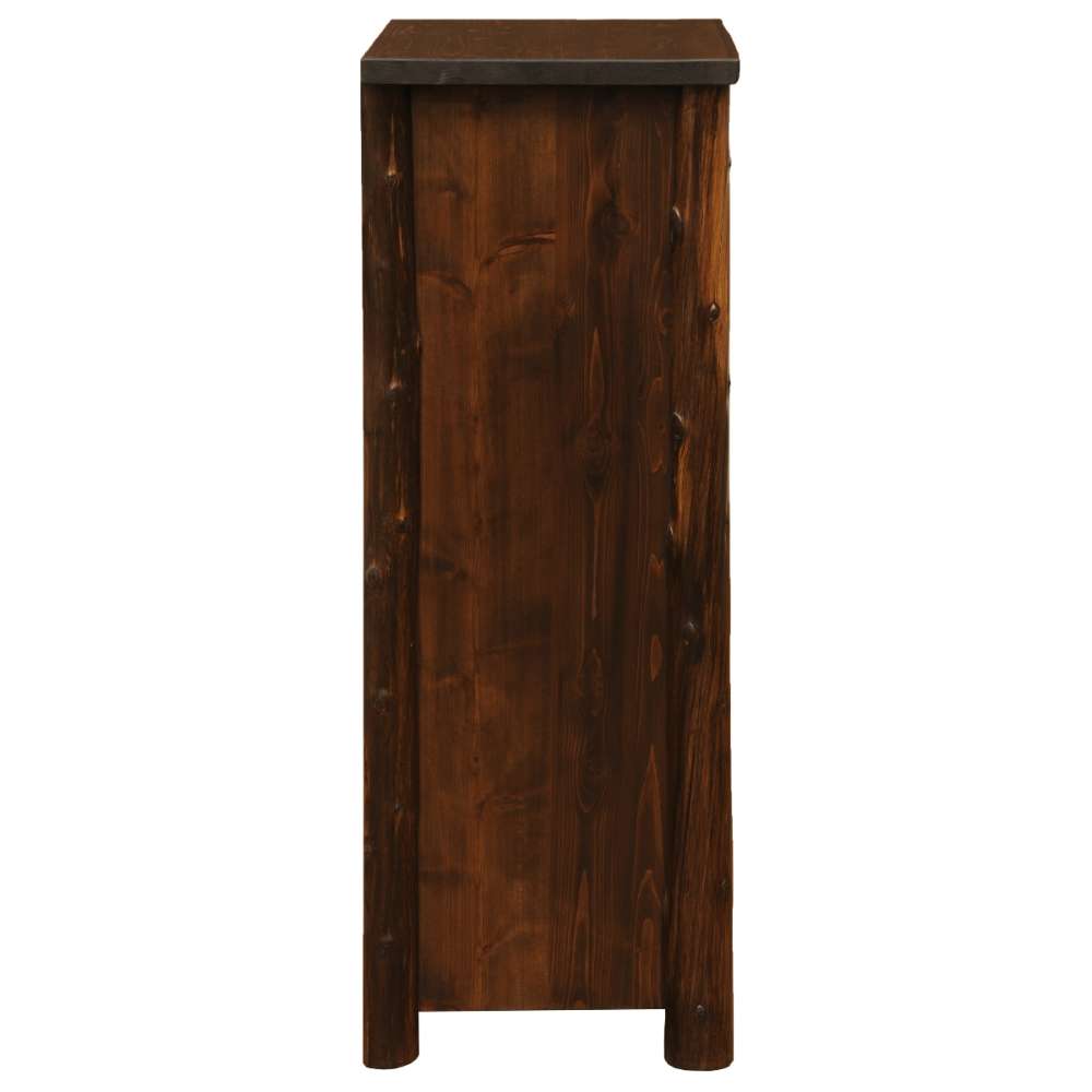Fireside Lodge Cedar Log Headwaters Five Drawer Chest is shown from the side, emphasizing its solid wood panels and rounded log legs