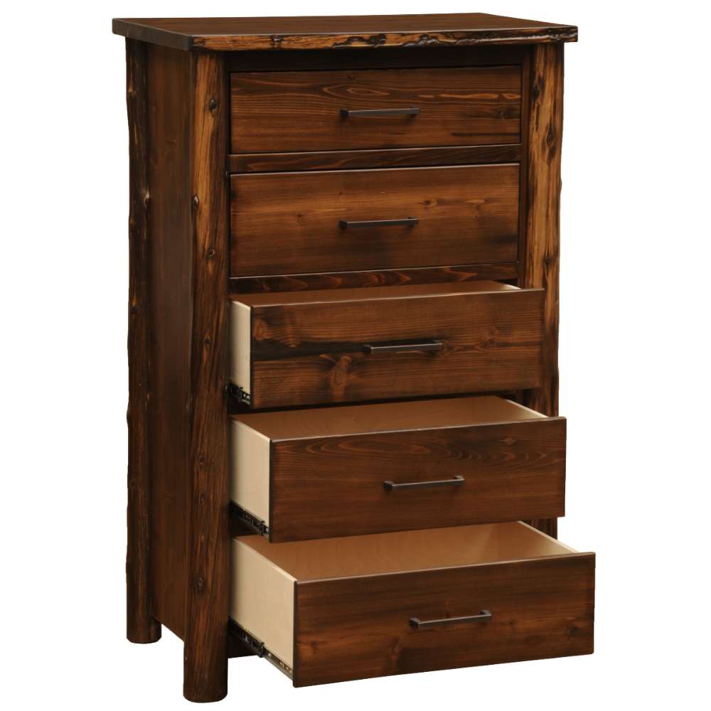 Fireside Lodge Cedar Log Headwaters Five Drawer Chest shows three lower drawers open, revealing deep storage and light wood interiors