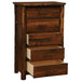Fireside Lodge Cedar Log Headwaters Five Drawer Chest shows three lower drawers open, revealing deep storage and light wood interiors