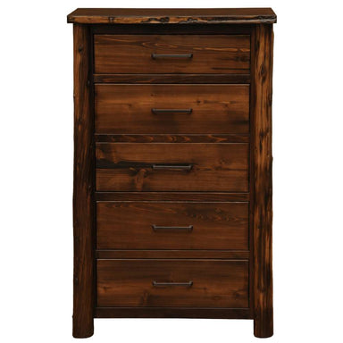 Fireside Lodge Cedar Log Headwaters Five Drawer Chest stands with all five drawers closed, highlighting its rich wood grain and metal handles