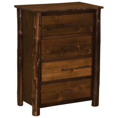 Fireside Lodge Cedar Log Headwaters Four Drawer Chest is a rustic four-drawer cedar chest with log-style corner posts and a rich dark wood finish