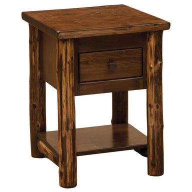 Fireside Lodge Cedar Log Headwaters One Drawer Nightstand with Shelf shown as a rustic cedar log nightstand with one drawer and an open lower shelf