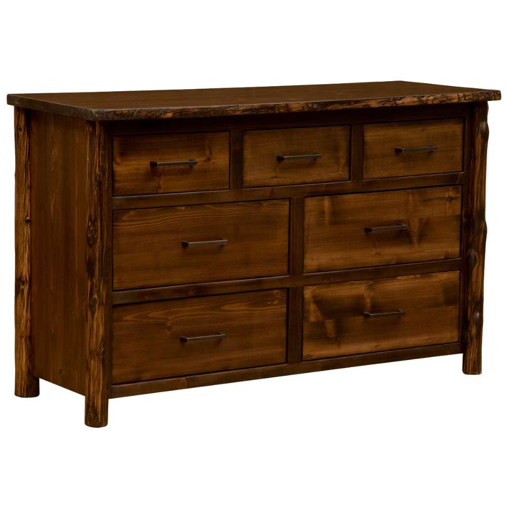 Fireside Lodge Cedar Log Headwaters Seven Drawer Dresser shown as a rustic dark wood dresser with seven drawers and metal handles