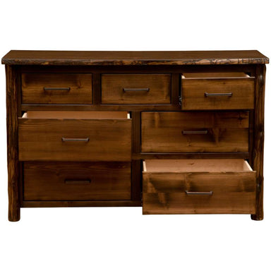 Fireside Lodge Cedar Log Headwaters Seven Drawer Dresser shown with drawers open on both sides revealing light wood interiors