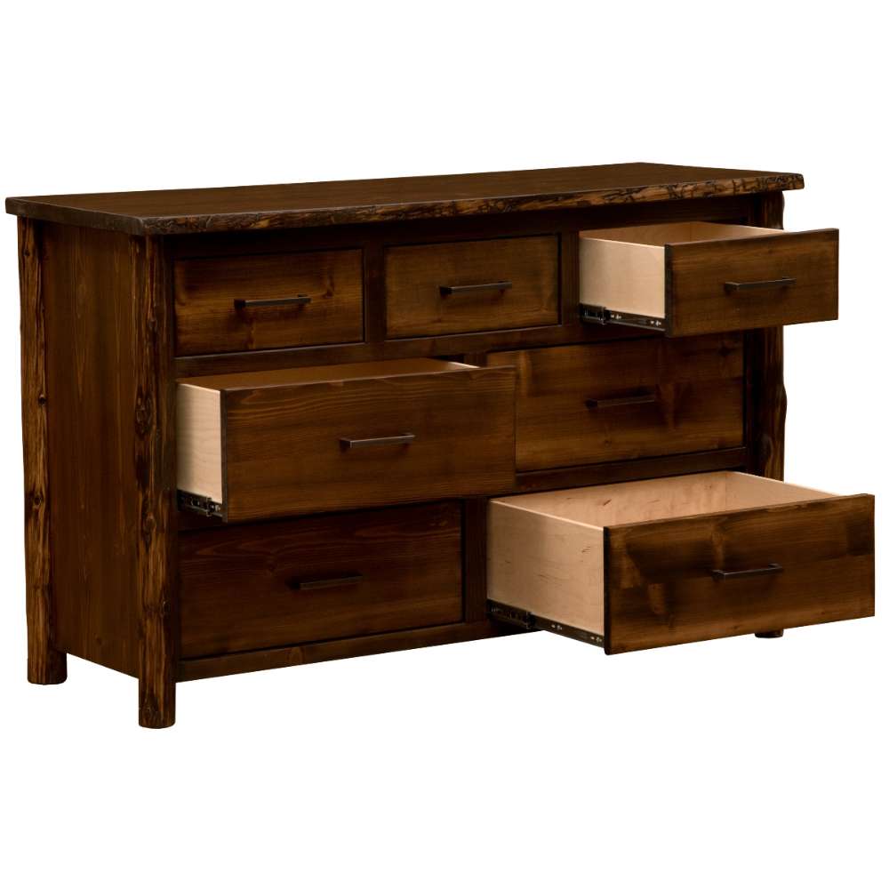 Fireside Lodge Cedar Log Headwaters Seven Drawer Dresser shown with multiple drawers pulled open to display storage space