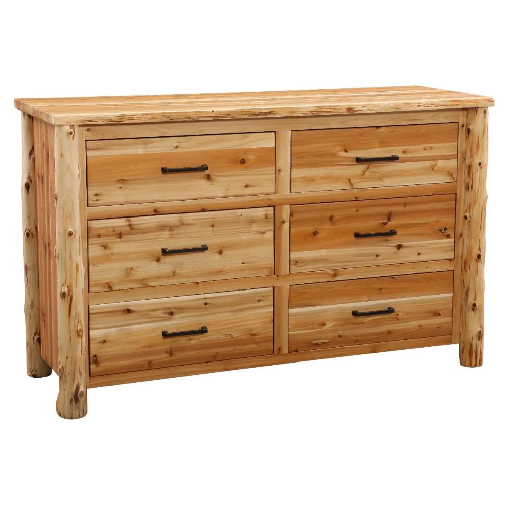 Fireside Lodge Cedar Log Headwaters Six Drawer Dresser shown at an angle highlighting the rustic cedar wood frame