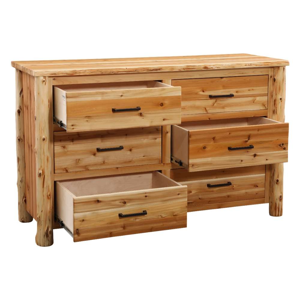 Fireside Lodge Cedar Log Headwaters Six Drawer Dresser shown at an angle with drawers open showing the inside storage space